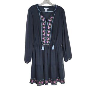 Design History Boho Embroidered Peasant Dress Sz L Black Long Sleeve Floral